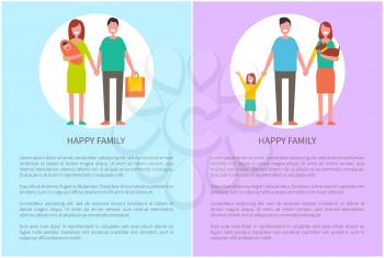 Happy family does shopping vector poster. Parents and newborn girl on mothers hand, cute dog pet on walk. Father holds packages, people in round frames