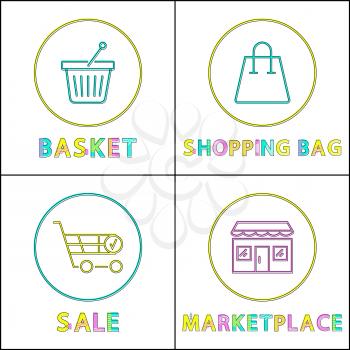 Shopping bag and basket, sale in marketplace cards isolated on white background set of vector illustrations, hand-barrow and shop icons in circles