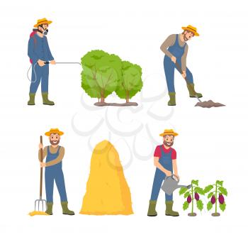 Farming cultivation and people vector. Spraying man with sprayer, farmer holding spade and digging soil. Hayfork held by male, watering of aubergines