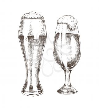 Pair of beer goblets with foamy ale graphic art, vector illustration of glassy kitchenware with alcohol drinks isolated on white backdrop, glasses set