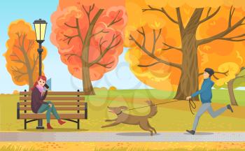 Autumn park, man running with dog near woman talking by phone on bench under streetlight. Fall leaves, domestic pet, smartphone vector illustration.