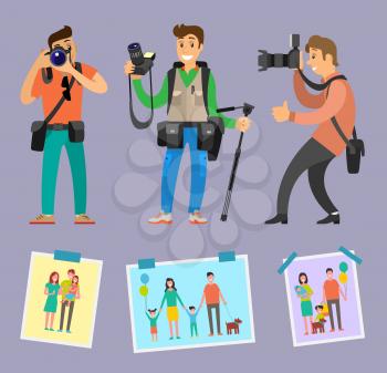 Modern photographers with professional equipment camera gears and tripod vector. Samples of works family pictures with mother, father, child and pet
