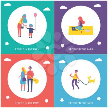 People in park have fun and rest isolated cartoon emblem vector banner set. Mother and daughter with ice cream and balloon, couple walking together