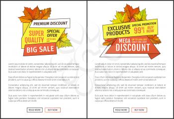 Premium discounts on exclusive products special promotion 99.90 price buy now. Advertisement posters maple leaves. Autumn fall costs reduction banners