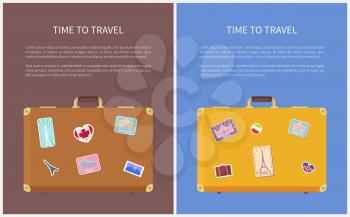 Time to travel banners, stickers on suitcases for trip or journey. World exploration, sightseeing tour and voyage on ship posters vector illustration.