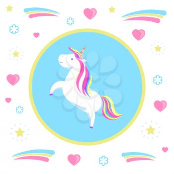 Jumping unicorn mysterious horse from fairy tales in blue circle on pattern with hearts and dots. Childish animal character with rainbow mane vector