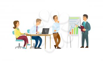 Teamwork and business training, statistics graphic vector. Boss showing presentation to colleagues, office workers with laptop on conference or meeting