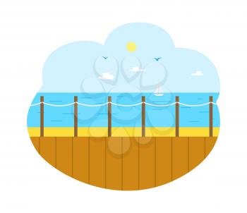Summertime vacation vector, wooden pier with seascape and sunshine. Fine weather and clear sky, deep sea water surface, resort for tourists tropics