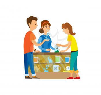 Man and woman shopping together vector, couple choosing gifts and presents. Shelf with goods, statues and watch clock time, camel and snowball toy