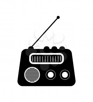 Radio icon, old-fashioned audio equipment with antenna, receiver waves. Electrical media symbol in black color, flat design of retro speaker vector