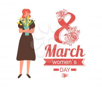 8 March women day greeting card with girl in dress with bouquet of yellow tulips, cartoon character. Vector female celebrating International spring holiday