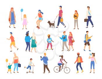 Men and women with children outside, outdoor activities vector. Walking and skateboarding, chracters with pets and businessman, riding bicycle and scooter