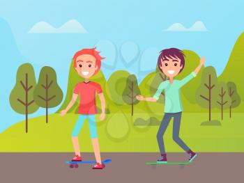 Friends skating in park, smiling boy rising hand, people in casual clothes going near green trees and hills, portrait view of skaters outdoor vector