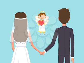 Angelic child boy with heart vector, man and woman holding hands flat style. Marriage of bride and groom, fiance husband and wife in love with each other