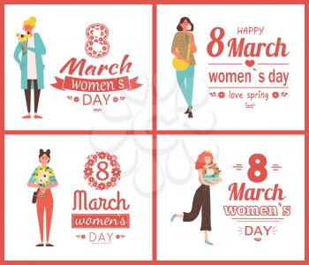 Celebration of 8 march vector, posters with text and woman holding bouquets, flowers in hands. Roses and gerbera, white daisy and yellow daffodil