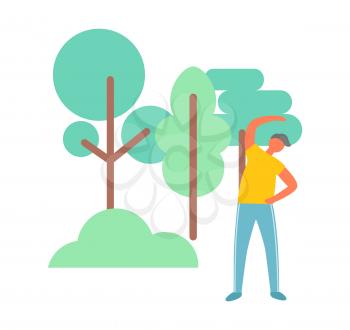 Stretching man near trees, portrait full length view of standing human in city park. Guy in sportwear, yoga or stretching, activity outdoor vector