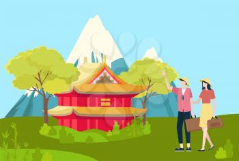 Landscape of Asian country vector, place with mountain and snowy peak, architecture style of Asia and nature. Travelers walking with bags, couple vacation