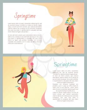 Springtime posters with text sample, smiling females, girls with flowers. Vector cartoon character with bouquet of spring blossoms celebrate 8 March