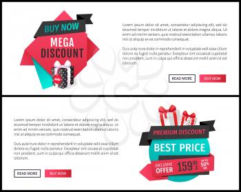 Mega discount on best price, buy now deal bargain web pages vector. Premium goods, exclusive products. Presents and gifts, stores sellout proposition