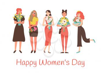 Happy womens day International holiday, greeting card with girls and flower gifts. Vector caucasian woman with blooming bouquets, cartoon flat style