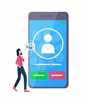 Smartphone and woman talking on phone vector, person using cellular services, lady walking and discussing something on cell, incoming call screen