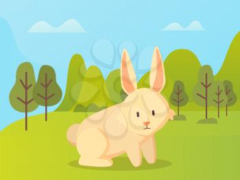 Rabbit with long ears sitting on grass vector cartoon animal on background of green trees and hills. Vector hare in spring forest, cute bunny outdoors