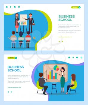 Business school vector, people on seminar with coaches, presenters with whiteboard and infocharts, visual data on board to explain students. Website or webpage template, landing page flat style
