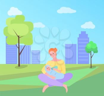 Newborn child vector, woman with kid feeding baby in green city park with buildings. Childcare, happy motherhood and childhood, loving parent female