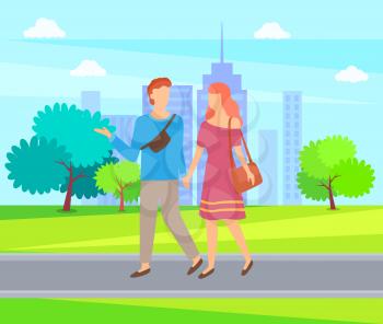 Young man and woman walking in city park holding hands. Vector couple on walk outdoors, summer nature and green grass, trees and blue sky. Summer activities