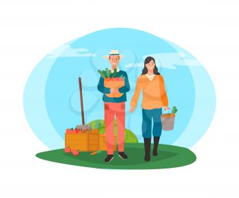 Man and woman carrying basket with veggies vector, container with harvested carrots, people working on field with vegetables and fruits growing isolated
