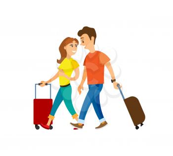 Walking tourists with baggage vector, couple on journey vacation of people. Man and woman relaxing together, travelers with luggage and suitcases