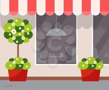 Exterior of eatery, coffeehouse design vector. Outdoor view on restaurant with plants growing in pots, blooming trees with trunk and bushes, coffee store