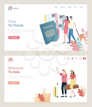 Time to travel, man and woman on vacation passport and tickets to flight. Foliage and leaves, people with baggage walking, couple in Chinese hats. Website or webpage template, landing page flat style