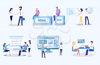 People working on new technological advancement vector, html and php, programmers and coders, man and woman on meeting. Agreement between partners at work