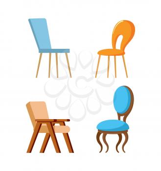Wooden colorful chair with soft and hard place for sitting, element of furniture. Empty seats design, side view of relaxation object on white vector