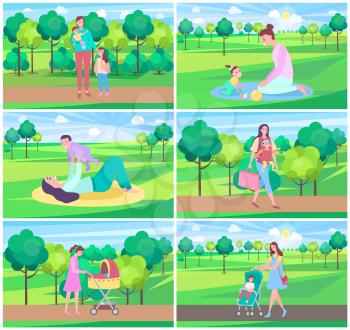 Mother and kid in park vector, mom spending time with child on nature, baby in perambulator. Care for children, childhood, greenery fair weather. Website or webpage template, landing page flat style