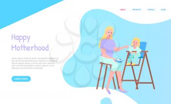 Happy motherhood web decorated by sitting people on chairs with table, portrait view of mother feeding with spoon daughter, parent and kid vector. Website or webpage template, landing page flat style