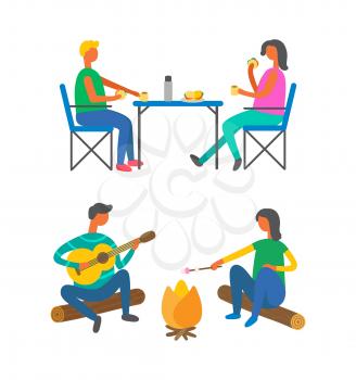 Travel, camping and outdoor activity, lunch and campfire vector. Portable furniture and burgers, bonfire and man with guitar, woman frying marshmallow