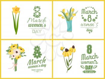 Greeting postcard decorated by yellow flowers, bouquet of tulip, daisy and violet, peony on white. Colorful spring plants, natural decoration vector. 8 March. Early spring and summer flower