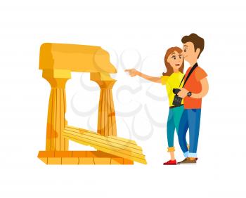 Tourists looking at old ruins of civilization vector. Man and woman traveling, historic place to visit. Couple showing attraction, pillars and stones