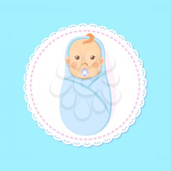 Baby shower greeting card, swaddled boy with nipple. Vector newborn 1 month infant in diaper, toddler son in cartoon style, milestones first days of person