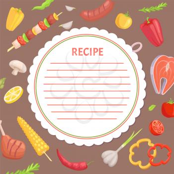 Recipe page mockup, add your info. Vector ingredients for bbq party, kebab and salmon, sausages and vegetables. Vector corn and paper, tomatoes and onion