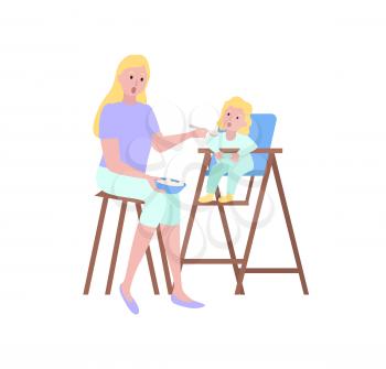 Portrait view of mother feeding with spoon daughter sitting on high chair, parent and kid vector. Motherhood concept, mom gives food to girl isolated