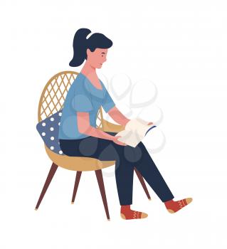 Person enjoying reading alone vector, woman sitting on chair with pillow on back holding book. Flat style isolated relaxing lady with ponytail at home