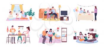 People at home vector, mother and father with kid cooking in kitchen. Birthday cake celebration, looking at photo albums, watching tv set, playing games