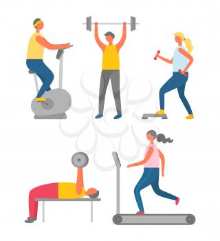 Stationary bicycle machine vector, jogging and dumbbells, barbells. Man and woman people leading active lifestyle, gymnastics exercises, athletes set