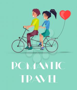 Romantic travel vector illustration with couple riding on twin bike with heart shape balloon at back, happy lovers having fun together, Valentines Day