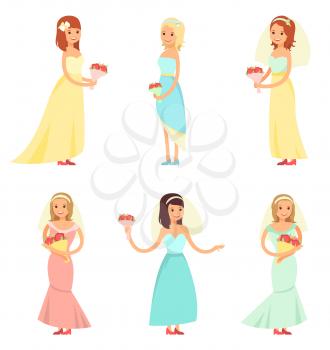 Brides collection, ladies wearing long dress of different colors, dancing and having fun because of marriage, isolated on vector illustration