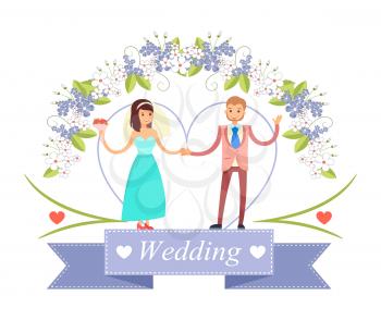 Wedding banner with dancing bride and groom, woman in dress with bouquet in hand, flowers and decoration isolated on vector illustration