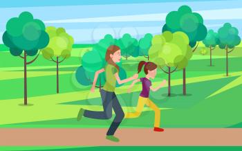 Mother and daughter jogging together vector. Mom and girl in sport apparel running, active healthy lifestyle concept on spring landscape in park